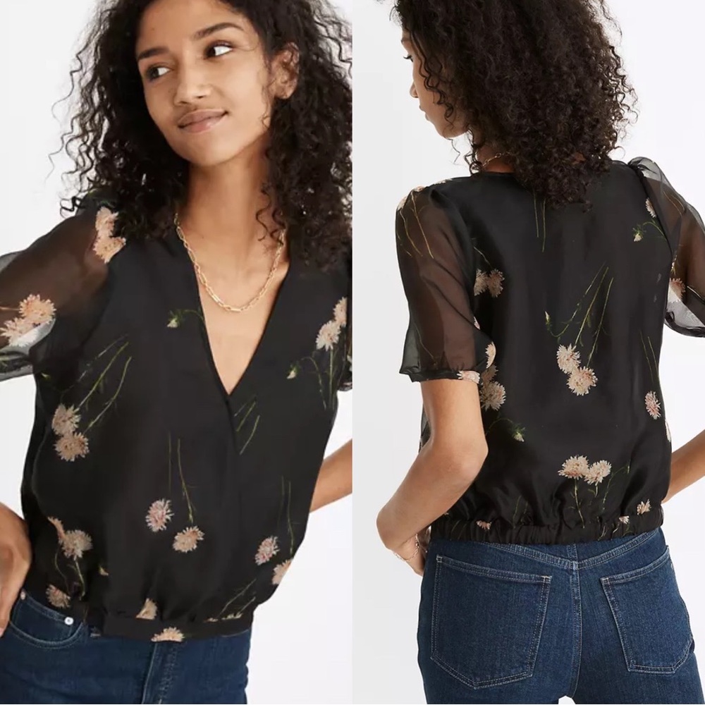 Madewell NWT Silk Organza Puff Sleeve Wrap Top Aster Portrait Floral Womens M